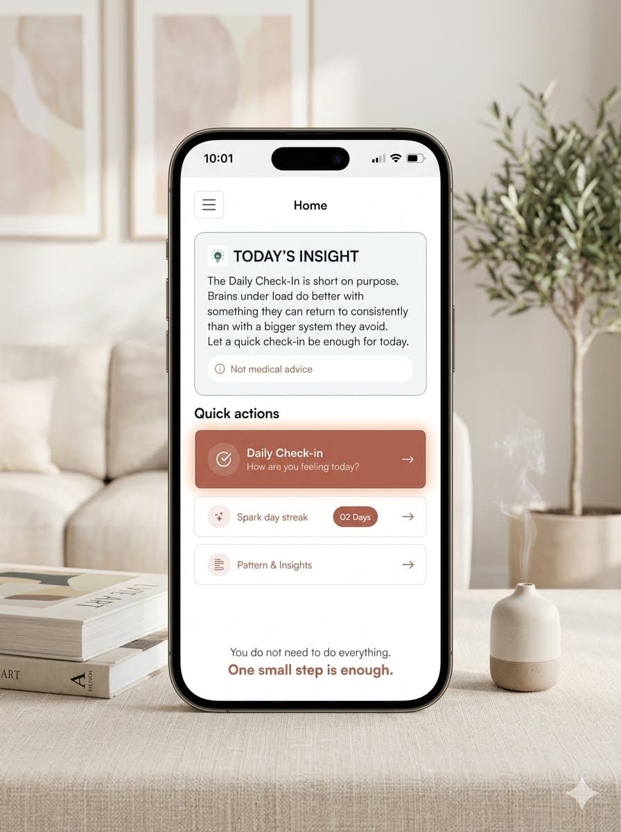 Clearella app on a phone showing today's insight and quick actions