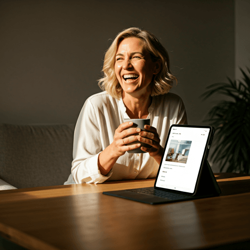 Woman smiling while using a tablet at home